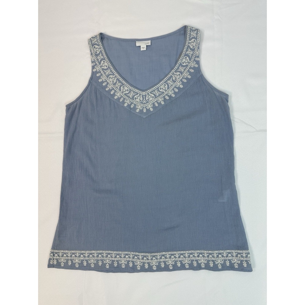 J.Jill Blue Sleeveless Embroidered BohoCrinkle Gauze TankTop Sz Small 100%Cotton